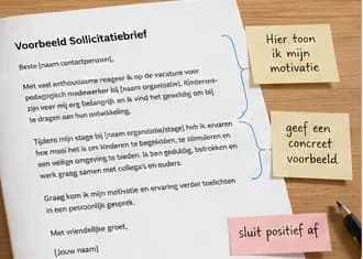 Voorbeeld sollicitatiebrief kinderopvang met annotaties: motivatie, concreet voorbeeld, positieve afsluiting